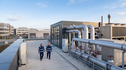 Fototapeta premium Engineers approach a data center heat reuse plant