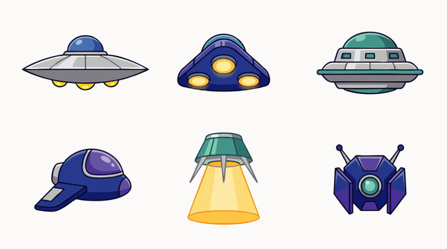 Collection of colorful cartoon UFOs and futuristic alien spacecraft illustrations for sci-fi design