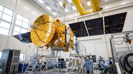 Fototapeta premium Large communications satellite covered in gold thermal foil with large gold antenna dish and deployed solar panels suspended by overhead crane in bright aerospace clean room factory