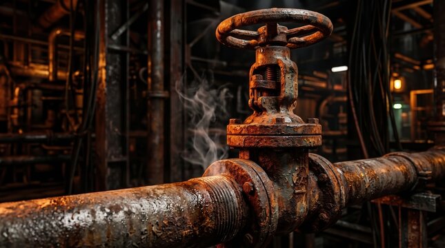 rusted old industrial metal pipeline valve leaking and emitting steam in a factory.