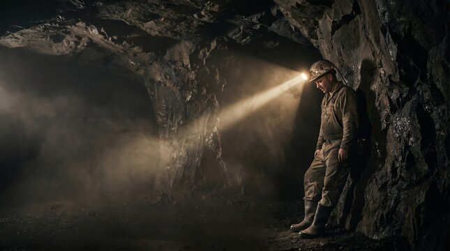 an exhausted miner wearing a hard hat with a headlamp leaning against a dark mine cave wall.