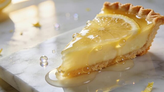 Falling syrup droplets glazing slice of lemon tart with lemon wheel on marble board