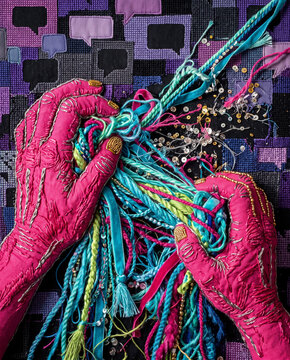 Textile art of pink fabric hands holding tangled colorful threads. Handmade embroidered concept of digital communication with speech bubbles and sequins. Modern needlework talisman