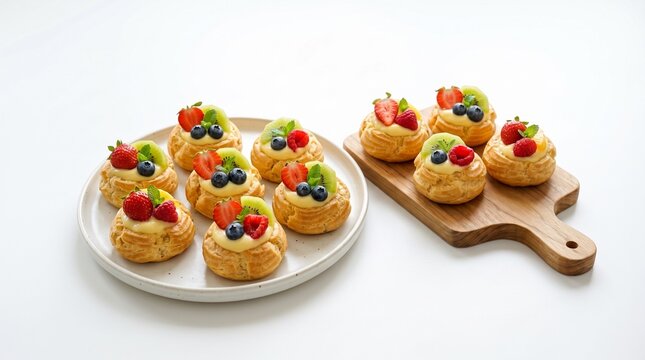 Delicious kue sus buah choux pastry cream puffs filled with custard and topped with fresh strawberries, raspberries, blueberries, and kiwi on a white plate and wooden cutting board.