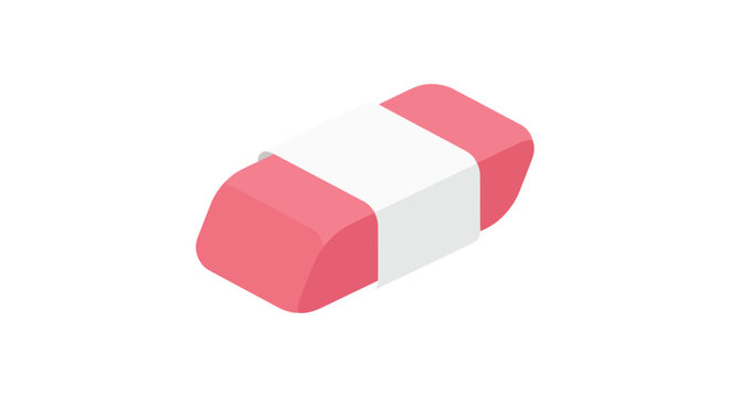 Pink plastic eraser with white label sits on a white background