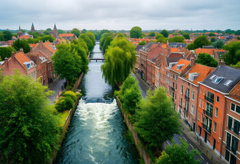Obraz premium Urban tourism and travel destination, historic canal city with traditional brick architecture and flowing water in a scenic European town landscape