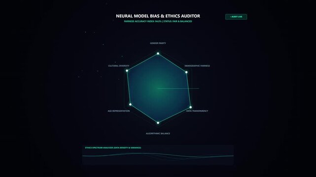 Futuristic UI loop displaying an AI ethics radar audit, evaluating algorithmic bias, demographic fairness, data transparency, and accuracy index on a dark high-tech background.