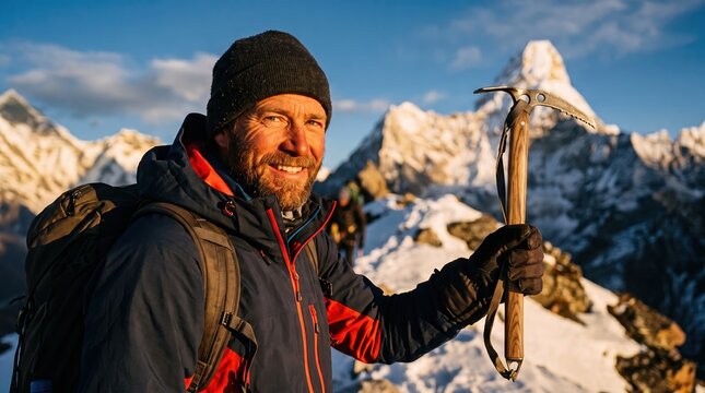 Adventurer holding ice axe in front of majestic snowy mountain range