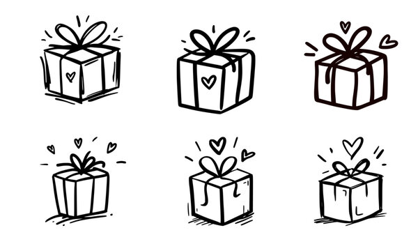 Hand drawn gift box icons set, 6 black and white doodle present boxes with hearts, sketch style holiday surprise vector illustrations