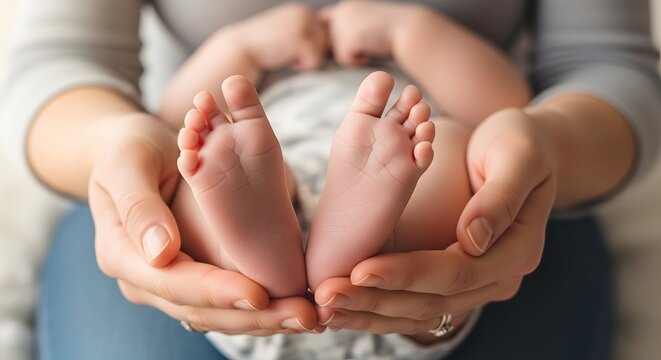 Close up of tiny newborn baby feet held in parent hands with parent holding