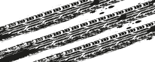 Grunge tire track, wheel braking marks. Truck, car or motorcycle tread pattern silhouette. Auto race, motorsport, speed racing design element. Vector illustration © Muhammad