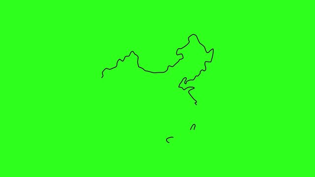 Animated outline map of china on green screen, hand-drawn style country border path animation