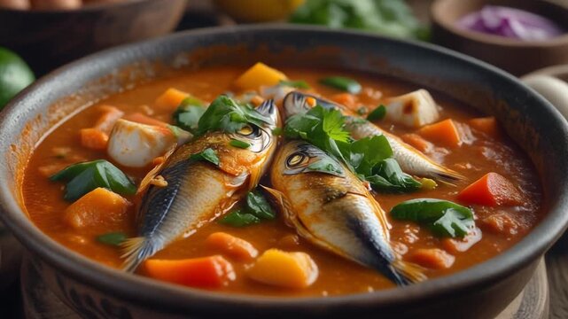 Ultra realistic cinematic footage of moqueca fish stew, colorful ingredients, no people, 4K UHD