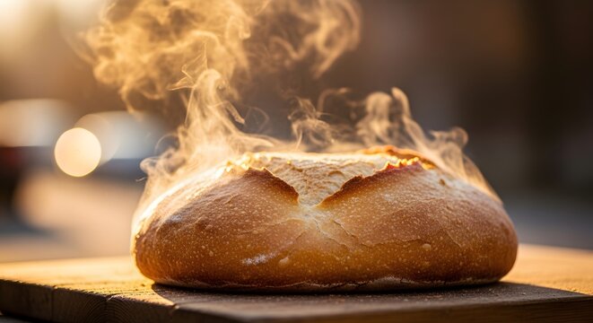 Freshly baked artisan bread loaf with rising steam crusty bread hot food oven baked