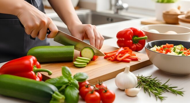 Chef hands chopping fresh zucchini on a wooden cutting board with meal preparation