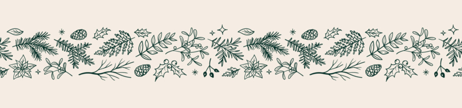 Vector christmas decorative border in horizontal seamless pattern with hand drawn green branches, mistletoe, holly, pinecones and leaves