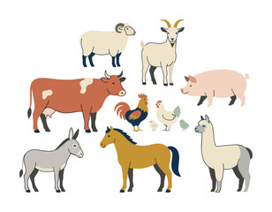 Fototapeta premium A collection of cute farm animals in a vector illustration.