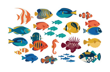 Fototapeta premium A colorful collection of diverse tropical fish illustrations on a white background.