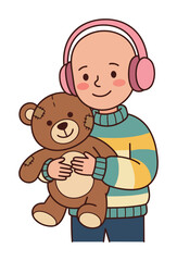 Obraz premium A smiling young child holding a brown teddy bear and wearing pink headphones.