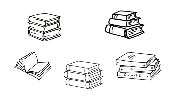 Hand drawn book stack vector set, black and white sketch of library books, minimalist line art collection for education and reading concepts