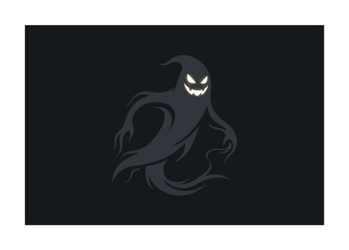 A spooky shadowy ghost character with glowing white eyes and a menacing grin floats against a dark background.