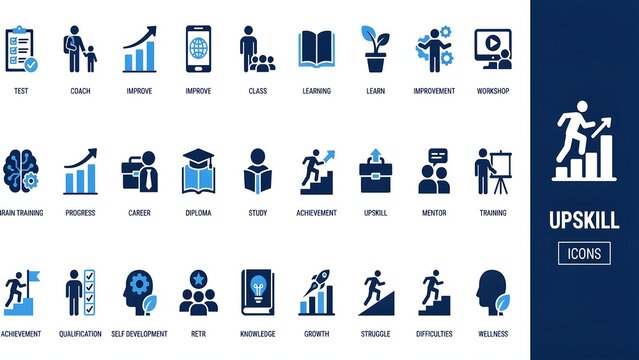 Icons set displays various upskill concepts in blue and white colors.