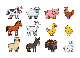 Fototapeta premium Colorful illustration of various farm animals set against a clean white background.