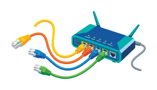 Colorful network router with ethernet cables plugged in 3D illustration.