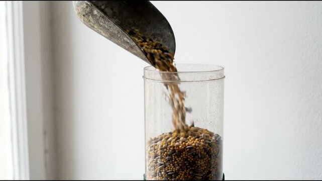 Metal scoop pouring bird seed into a clear cylindrical feeder hopper with a dusty plastic finish