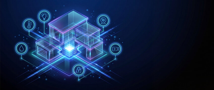 Smart home technology concept with isometric house featuring glowing neon circuits, central server hub, and connected iot icons on a dark blue background for digital automation graphics