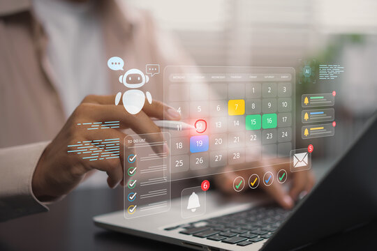 AI Virtual Assistant for Calendar Planning and Appointment Scheduling. Person holding a stylus with a virtual calendar, chatbot icon, task checklist for task organization and daily productivity.