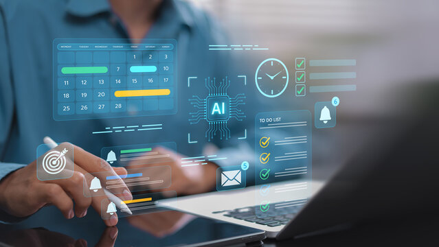 AI scheduling and time management with a person using a tablet beside a laptop, featuring a digital calendar, processor icon, clock, checklist and reminders for workflow automation and productivity