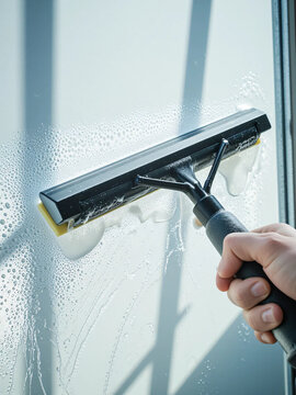 Close up of a hand using a squeegee to clean a soapy window glass in bright daylight