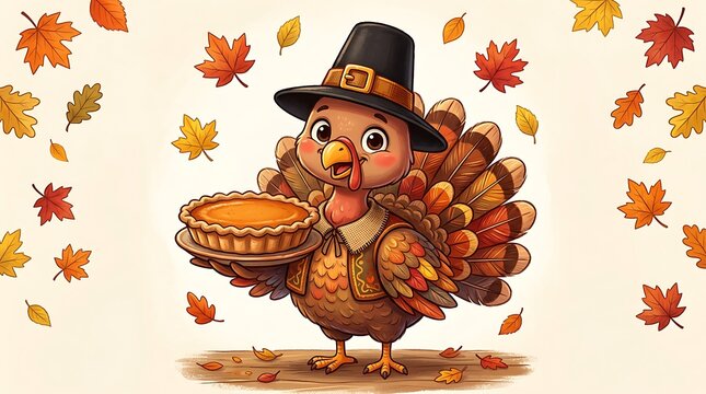 Funny cartoon turkey wearing sunglasses and a pilgrim hat running away from a thanksgiving dinner