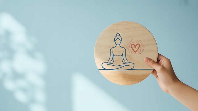 A hand holding a wooden circle with a yoga meditation and a heart, symbolizing wellness, mindfulness, health, and inner peace practices