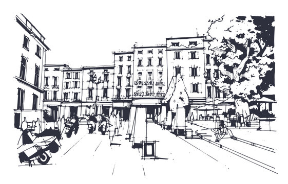 European city square hand drawn sketch illustration with buildings, cafe terraces, and people