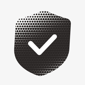 Halftone shield with check mark icon vector illustration for security, approval, and protection concept
