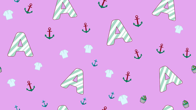 Pattern with letter A, anchors, t-shirts, and cupcakes