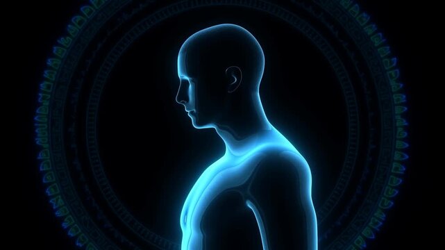 Glowing blue human profile standing against a dark circular digital background