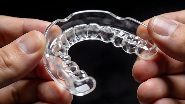 Person holding a clear plastic dental aligner tray for teeth straightening