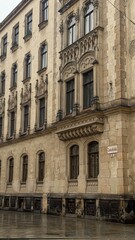 Fototapeta premium Architectural detail of ancient gothic building facade on a rainy day in Prague, Czech Republic 