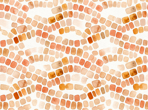 Watercolor cobble stone pattern seamless background in warm terracotta and brown