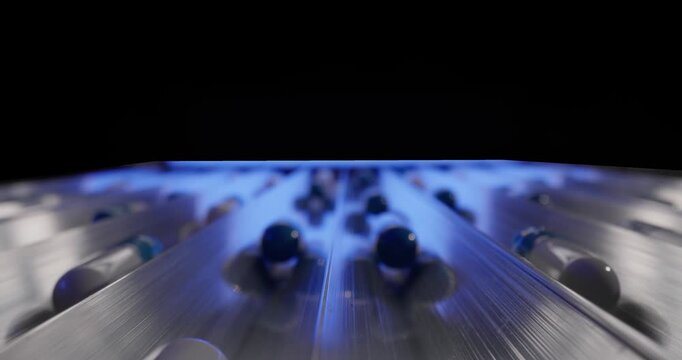 Closeup blue and white pharmaceutical capsules production line background for medical packaging factory, probe macro view.
