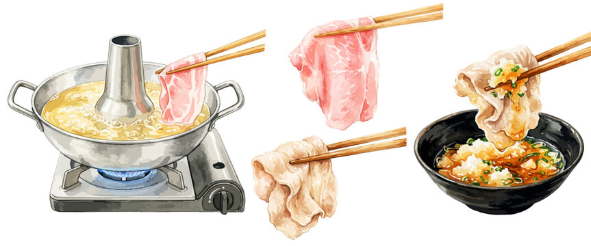 しゃぶしゃぶの手描きイラストセット,鍋・卓上コンロ・生肉・豚肉・牛肉・箸・ポン酢・大根おろし・薬味・和食・鍋料理・冬・水彩風・飲食店パーツ,メニュー・ベクター,透過PNG