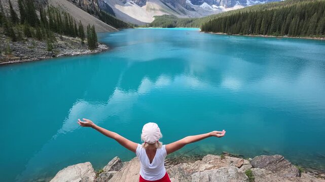 aerial view: woman on rocks with arms outstretched, experiencing freedom and connection with nature, looking at stunning turquoise water, Lake Moraine reflecting in Banff National Park, Alberta,Canada