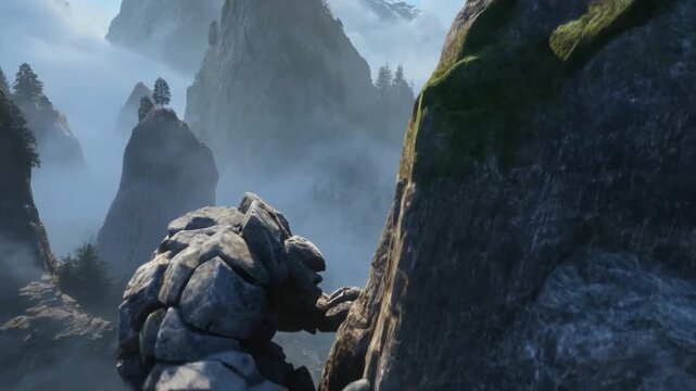 Stone Golem Climbing Rocky Mountain Cliff in Foggy High Altitude Landscape