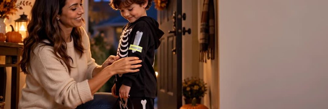 Mother securing a reflective band on a child's Halloween costume, safety website banner with copy space