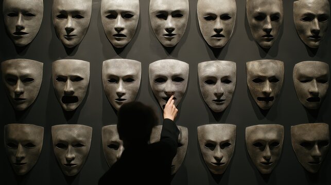 Hand in business suit choosing metallic tragedy drama mask on dark wall. Emotional labor, psychological burnout, depression and mental health concept