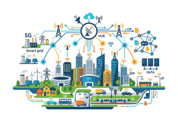Fototapeta premium Smart city concept illustration with 5G network connectivity and green energy infrastructure.