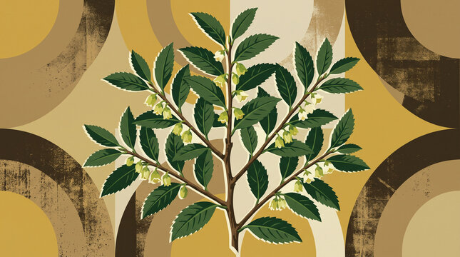 Stylized camellia sinensis plant featuring dark green serrated leaves against textured geometric retro circular shapes